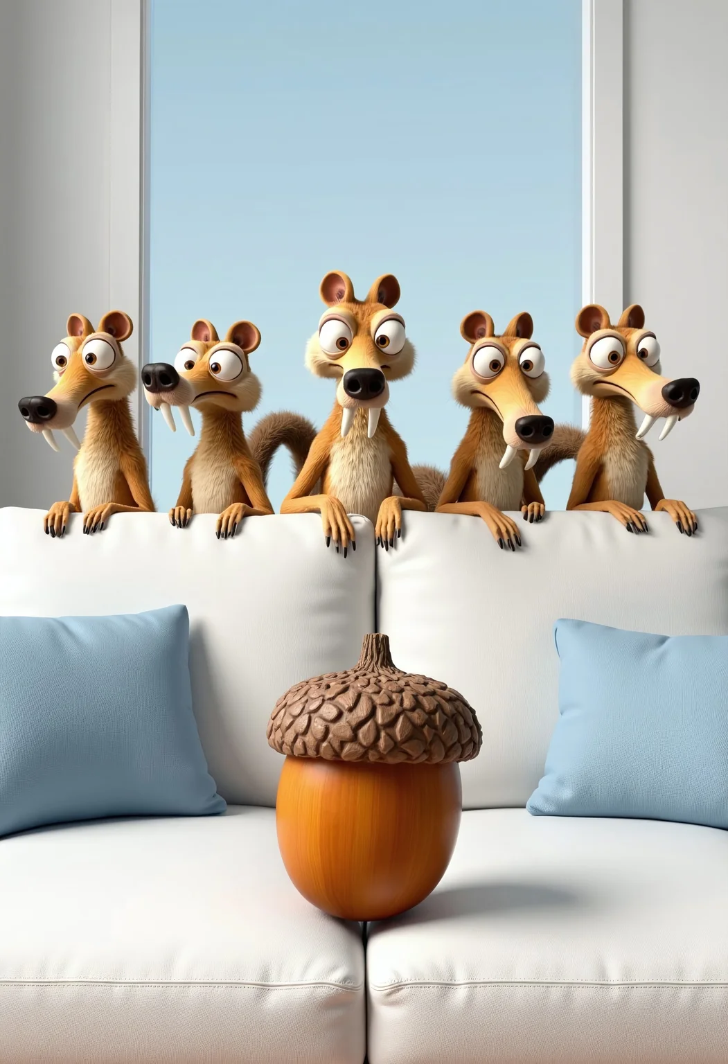 A surreal and comedic scene featuring a large acorn placed on the seat of a pristine white couch in a modern living room. Behind the couch, five anthropomorphic Scrats from Ice Age stand side by side, visible from the waist up above the couch’s backrest. Each Scrat has a humanoid body with folded arms but retains their iconic Scrat heads, complete with wide, obsessive eyes and twitching noses. Their bushy, expressive tails are visible behind them, adding a playful touch to their otherwise confident, human-like stances. All five Scrats are intently staring at the acorn with an air of determination and rivalry. The room is brightly lit, with light blue and white cushions accentuating the couch, providing a cozy and modern contrast to the quirky and absurd characters