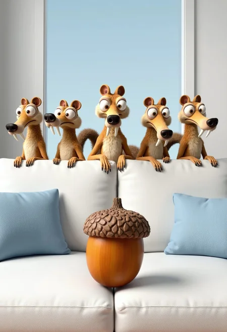 A surreal and comedic scene featuring a large acorn placed on the seat of a pristine white couch in a modern living room. Behind the couch, five anthropomorphic Scrats from Ice Age stand side by side, visible from the waist up above the couch’s backrest. Each Scrat has a humanoid body with folded arms but retains their iconic Scrat heads, complete with wide, obsessive eyes and twitching noses. Their bushy, expressive tails are visible behind them, adding a playful touch to their otherwise confident, human-like stances. All five Scrats are intently staring at the acorn with an air of determination and rivalry. The room is brightly lit, with light blue and white cushions accentuating the couch, providing a cozy and modern contrast to the quirky and absurd characters