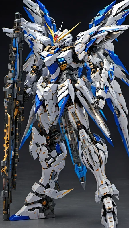 mecha robot, mecha armor, full armor, (grey silver color scheme:1.2),glowing blue eyes, city, (full body:1.2),clenched hand, (gundam:1), mechanical parts, robot joints,(huge shield:1.2),best quality, masterpiece, highly detailed, ultra-detailed,(battle-ready:1.2),(powerful stance:1.3),(Detailed eye description:1.2),(huge mechanical weapon:1.3),(detailed armor description:1.2),(detailed shield description:1.2),(detailed weapon description:1.2),(huge mechanical gun:1.2),(holding gun and weapon :1.3) <lora:srdxl_v07ux2:0.8>