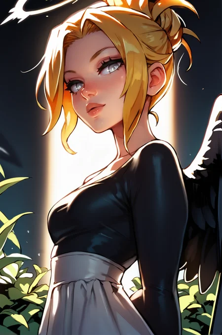 high quality, one girl, haughty expression, beautiful appearance, golden hair, straight hair, silver eyes, black halo above head, black wings behind back, lush eyelashes, sexy body, in black fluffy dress, looking at viewer, thunderclouds background <lora:43stl1ght1ngXLP2:0.5> <lora:alexchow:1> <lora:Asanagi-Style-PonyXL-Final:0.8>, score_9, score_8_up, score_7_up