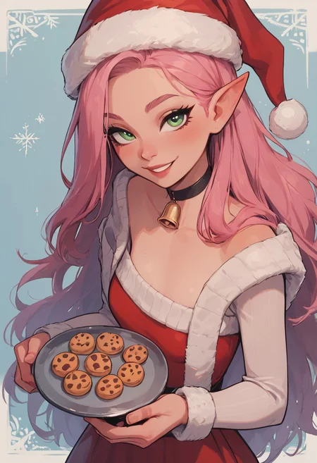 score_9, score_8_up, score_8, 1girl, solo, sexy elf woman, perfect face, thick eyeliner, small breasts, long pink hair, green eyes, perfect detailed face, revealing christmas dress, santa hat, choker with bell, holding a tray of cookies, north pole, christmas decor, sweet smile, looking at viewer