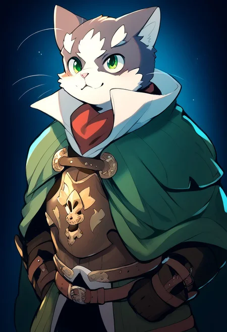 kemono,cute,(by braeburned:1.2),furry,anthro,male,Nyanta, cat, long whiskers, green eyes, green cloak,leather armor,dark background, source_furry, detailed fur, score_9_up,score_8_up,score_7_up,score_6_up,score_5_up,score_4_up,best quality,