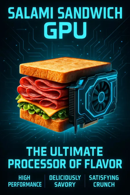 High tech looking Poster advertising the benefits of a salami sandwich as a GPU