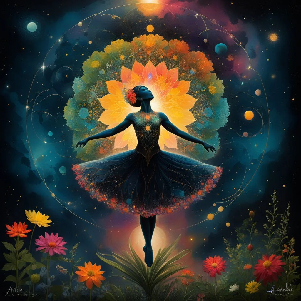 artmndl, dancer in the dark, cosmic biosphere, flowers, celestials, vibrant colorstory, masterpiece