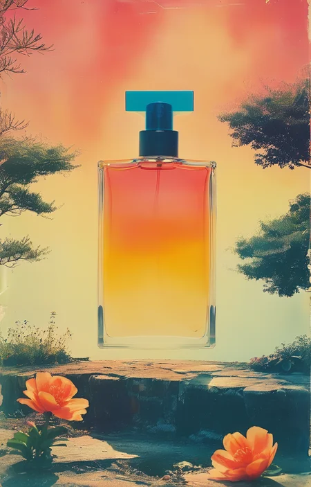 masterpiece,best quality,<lora:tbh252-sdxl:0.9>,illustration,style of Solargram A bottle of perfume in garden