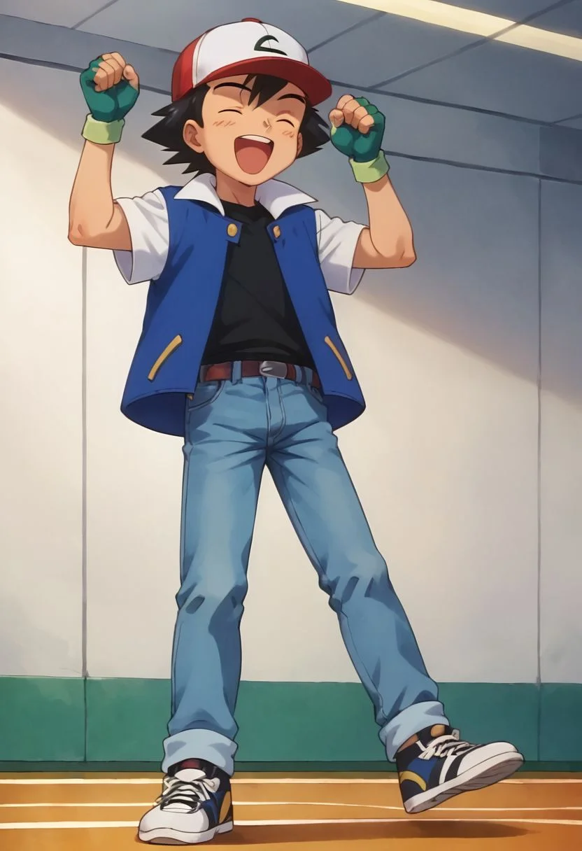 score_9, score_8_up, score_7_up, source_anime, highly detailed, 1boy, solo, male_focus, slender, skinny, full body,
ash_kanto, hat, gloves, solo, fingerless gloves, baseball cap, black hair, jeans, blue jacket,
indoor, pokemon gym, human child, rejoining, arms raised, closed eyes, open mouth, happy, jumping,