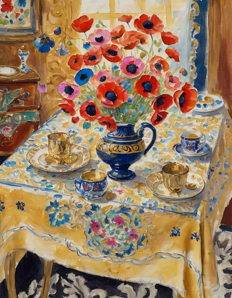 <lora:m4t1:0.8>m4t1 still life, assorted colored poppies in vase, gold cup, intricate pattern on tablecloth, open shutter, thick paint, brushstroke,