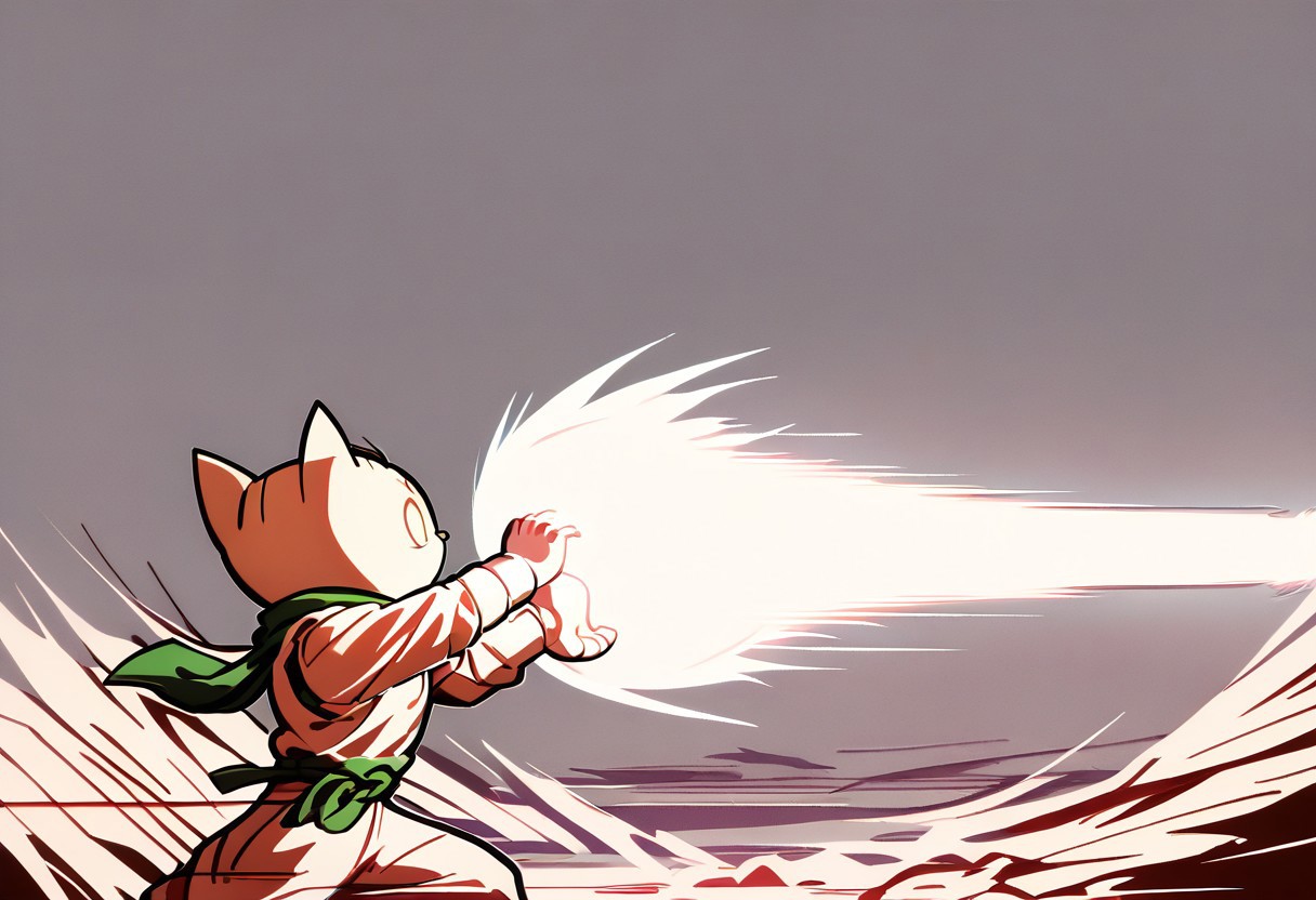 score_9, score_8_up, score_7_up, side view, long shot, profile view,
   , masterpiece, beautiful,1 girl, 1 male,Kamehameha-Trow,outstrecthed arms,claw gesture,SHARP laser beam, energy beam out of hands moving forward,TherisDoki, Cat Boy, furry, cute, chibi, cat ears, animal nose, o o,green scarf,