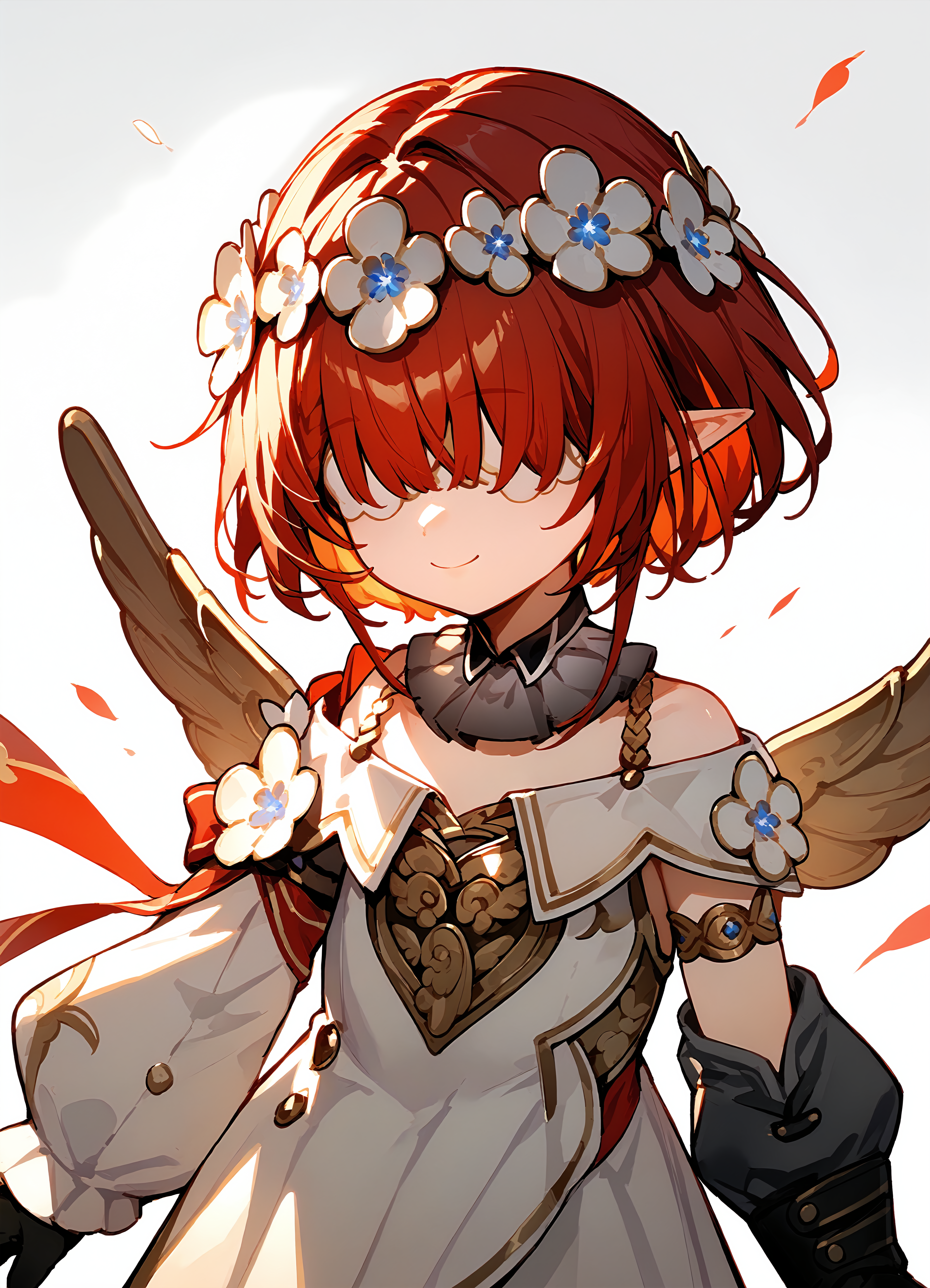 (score_9, score_8_up, score_7_up), 1girl, trinnon, covered eyes, flower circlet, wings, detached collar, puffy long sleeves, black gloves, smile, closed mouth, simple background, <lora:tribbie-hsrPO-v1:0.9>