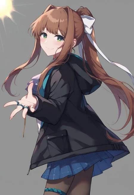 score_9, score_7_up, source_anime, ddlcmonika, <lora:ddlc-monika-ponyxl-lora-nochekaiser:1> ddlcmonika, blunt bangs, brown hair, green eyes, long hair, sidelocks,
blouse, black hooded jacket, ring, blue checkered skirt, brown, pantyhose, Thigh Strap, anklet, ascot, white shirt,
bright smile, cute, blush, half body, background, simple background, bright background, sunlight, from side, from behind, looking back, looking at viewer, best_quality, masterpiece, hand, hand extends, hand extends toward viewer, reaching out to viewer