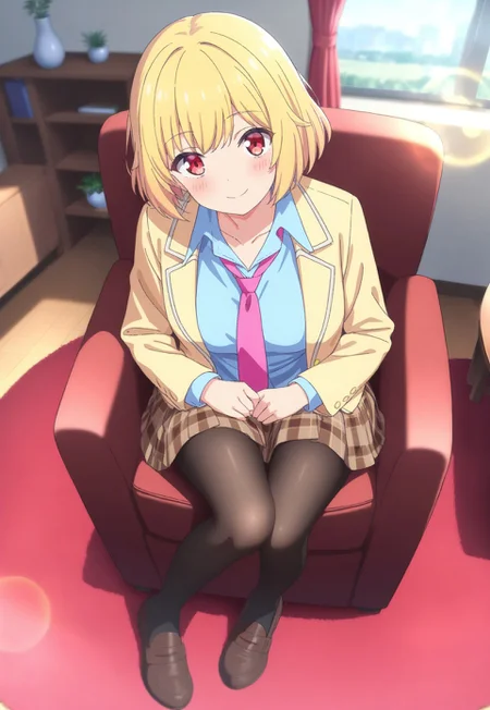 
masterpiece, best quality,amazing quality,(1girl), solo,(depth of field),(solo focus),8K,HDR,(ultra high res),(highres),(full body),(lens flare),smile,blush,(karin istel),(blonde hair),(short hair),(red eyes),(collarbone),skindentation,(school uniform),(yellow jacket),(open jacket),(blazer),(pink necktie),(collared shirt),(blue shirt),(long sleeves),(brown skirt),(pleated skirt),(plaid skirt).(black pantyhose),(brown footwear),(loafers),(sitting on chair),(indoors),(looking at viewer),(room),(curtain),(table),(couch),(carpet),(shelf),(vase),(window),


