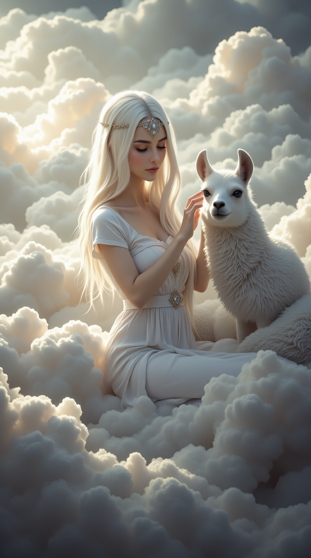 A serene young woman with long, platinum hair adorned with a jeweled headband, gently holding a fluffy white llama. They are bathed in soft, ethereal light amidst a cloudy, dreamlike background.









