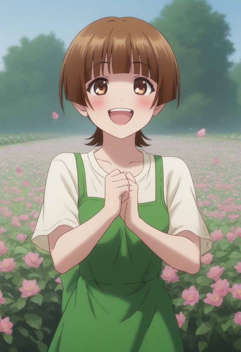 Chitose, Brown Eyes, Brown Hair, Short Hair, Hair Bangs, Blunt Bangs, Medium Breasts,
(nsfw), (uncensored), (score_9), score_8_up, score_7_up, source_anime, cowboy shot, dynamic pose, 1 Female, solo, happy smile joy, blush, ashamed, shy, sexy, charming, alluring, seductive, enchanting, erotic, 
((outdoors)), ((flower garden)), ((flowers)), ((many flowers)), spring petals, petals of flowers, spring, falling petals, flying butterflies,