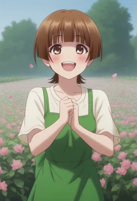 Chitose, Brown Eyes, Brown Hair, Short Hair, Hair Bangs, Blunt Bangs, Medium Breasts,
(nsfw), (uncensored), (score_9), score_8_up, score_7_up, source_anime, cowboy shot, dynamic pose, 1 Female, solo, happy smile joy, blush, ashamed, shy, sexy, charming, alluring, seductive, enchanting, erotic,
((outdoors)), ((flower garden)), ((flowers)), ((many flowers)), spring petals, petals of flowers, spring, falling petals, flying butterflies,