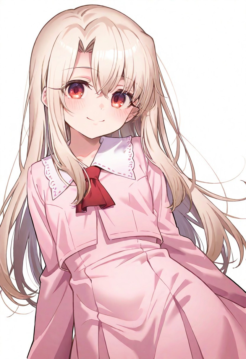 illyasviel von einzbern, 1girl, solo, portrait , cowboy shot, looking at viewer, mahoushoujosaiminpakopacausesoushuuhenil, smile happy, white background