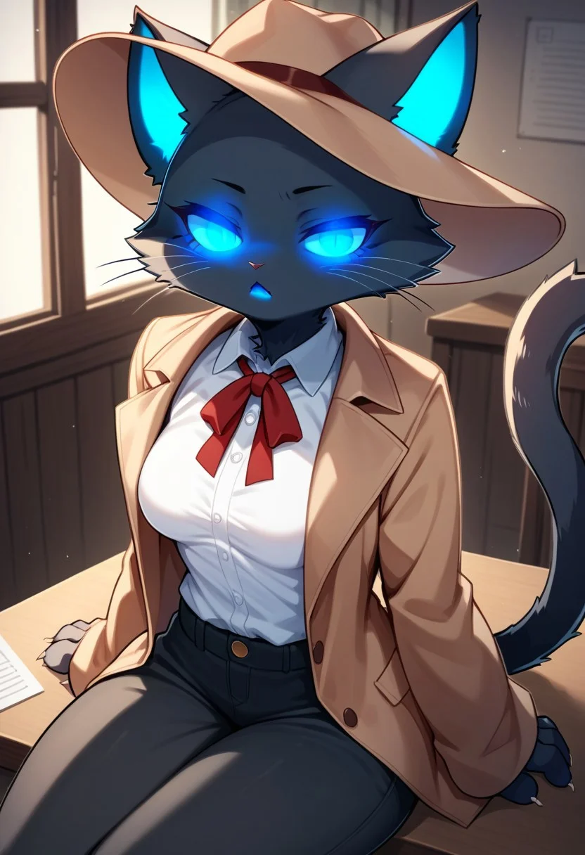 score_9, score_8_up, score_7_up, furry, 1 girl, cat girl, black fur, no coat, no hat, black pants, white shirt, blue eyes, blue mouth, sitting, indoors, near the table, half closed eyes, red neck ribbon, ears through hat, glowing eyes