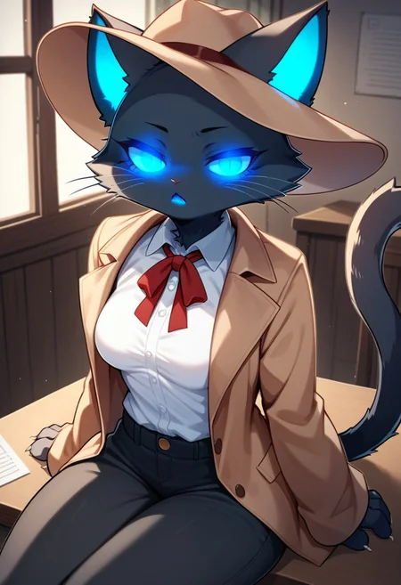 score_9, score_8_up, score_7_up, furry, 1 girl, cat girl, black fur, no coat, no hat, black pants, white shirt, blue eyes, blue mouth, sitting, indoors, near the table, half closed eyes, red neck ribbon, ears through hat, glowing eyes