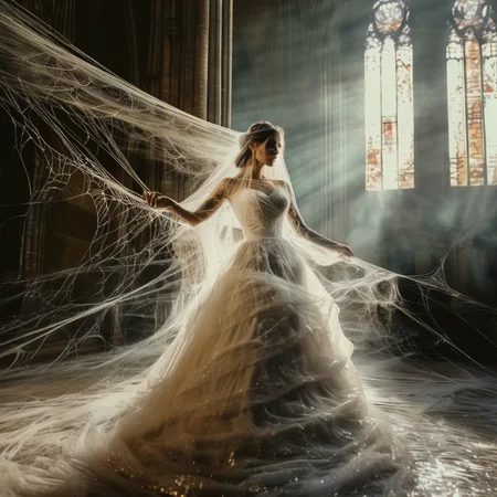 spiderweb bride in the cathedral entwined in a spider's web, cinematic, photorealistic very detailed, professional photo <lora:spiderweb:1>