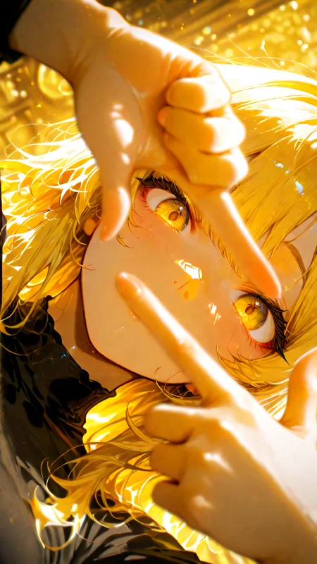1girl, dynamic angle, finger frame, chromatic aberration, artistic filter, blurry, gradient, yellow theme, masterpiece, best quality, amazing quality, very aesthetic, absurdres, newest,