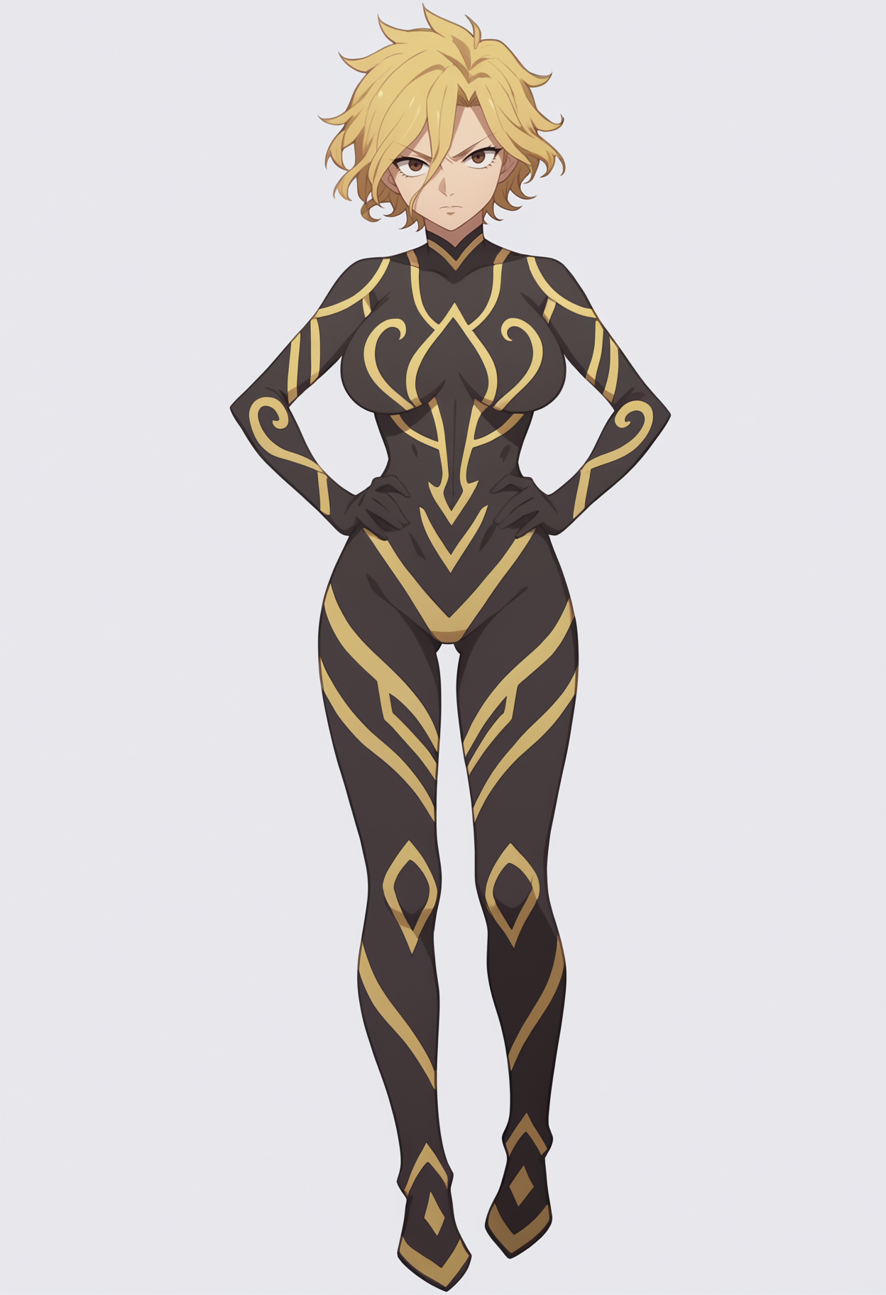 score_9, score_8_up, score_7_up, anime screencap, BREAK
1girl, dimaria, blonde hair, brown eyes, short hair, hair between eyes,
bodysuit, large breasts, neon trim, no nipples, thigh gap,
hands on hips, standing, full body, solo, looking at viewer, simple background, white background  <lora:DimariaYestaGodSoulPDXL_byKonan:1>