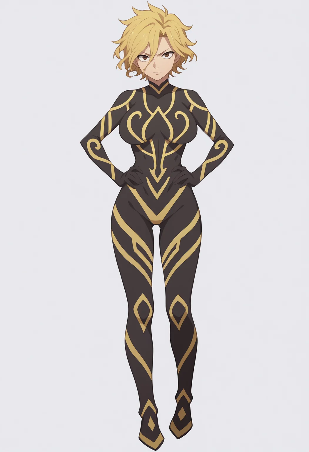 score_9, score_8_up, score_7_up, anime screencap, BREAK
1girl, dimaria, blonde hair, brown eyes, short hair, hair between eyes,
bodysuit, large breasts, neon trim, no nipples, thigh gap,
hands on hips, standing, full body, solo, looking at viewer, simple background, white background  <lora:DimariaYestaGodSoulPDXL_byKonan:1>