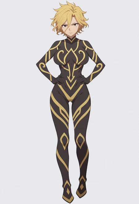 score_9, score_8_up, score_7_up, anime screencap, BREAK
1girl, dimaria, blonde hair, brown eyes, short hair, hair between eyes,
bodysuit, large breasts, neon trim, no nipples, thigh gap,
hands on hips, standing, full body, solo, looking at viewer, simple background, white background <lora:DimariaYestaGodSoulPDXL_byKonan:1>