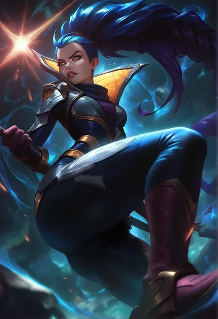 photorealistic, real aesthetic, masterpiece, high quality, Vayne, (League of Legends), action shot, outerspace background, shallow depth of field, detailed background, dynamic angle, volumetric lighting, high resolution