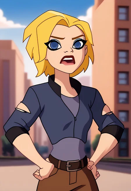 Score_9, score_8_up, score_7_up, score_6_up, SpecStyle, <lora:SpecPony:1.1>, wide shot, animated kara, blonde hair, short hair, teeth, looking at viewer, open mouth, blue sky, blurry background, building, blurry, parody, blue eyes, 1girl, solo, outdoors, day, makeup, upper body, female focus, hands on hips, blue shirt, brown pants, torn pants, jacket, belt, boots,