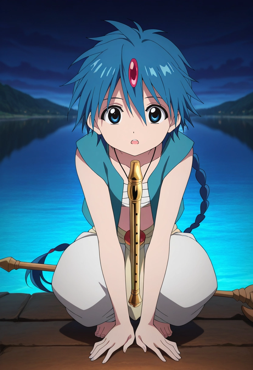 masterpiece, best quality, , anime screencap, anime coloring, official style, looking at viewer, 1boy, solo, male focus, <lora:aladdin_magi_ilxl:0.92>, aladdin_magi, blue hair, blue eyes, long hair, braid, single braid, , , , flute, instrument, staff, , panorama, lake, dark, squatting, open mouth,