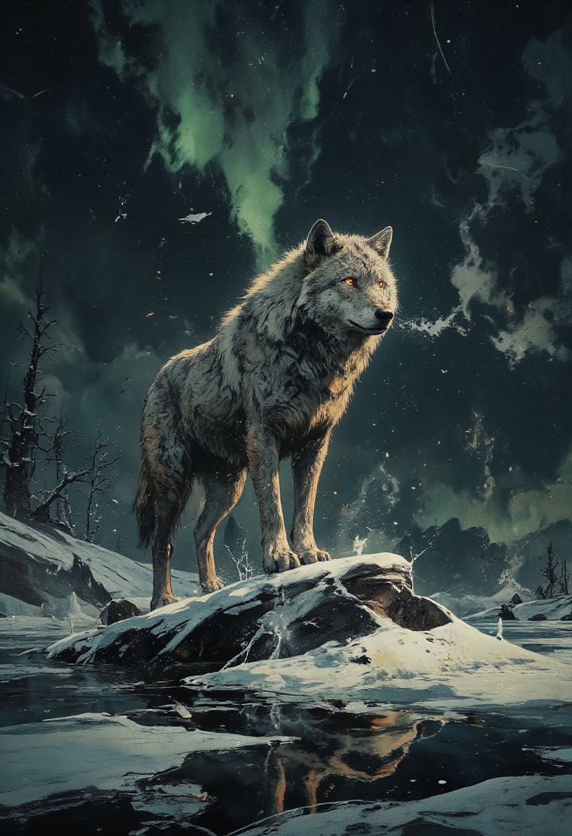 **A regal Arctic wolf, its keen amber eyes glowing like molten gold, stands poised atop a glassy expanse of frozen lake. The ice beneath its paws fractures into delicate, feather-like cracks that spiral outward, capturing the stillness of a subzero night. Moonlight bathes the wolf’s thick, frost-dusted fur in a silvery sheen, each strand shimmering as if dusted with crushed diamonds. Its breath curls into wispy plumes that dissolve into the crisp air, adding depth to the scene’s ethereal chill. Behind the wolf, the horizon melts into a dusky indigo sky, streaked with faint, ghostly ribbons of aurora borealis in muted greens and violets. The composition is stark yet dynamic, balancing the wolf’s powerful stance with the fragile beauty of the ice, all rendered in a monochromatic palette punctuated by the wolf’s fiery gaze—a silent sentinel in an endless, frozen realm.**