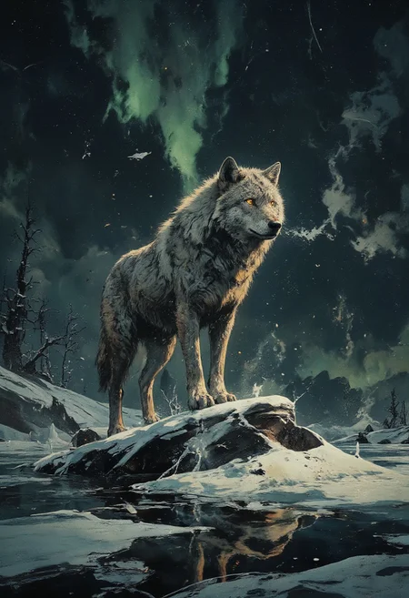 **A regal Arctic wolf, its keen amber eyes glowing like molten gold, stands poised atop a glassy expanse of frozen lake. The ice beneath its paws fractures into delicate, feather-like cracks that spiral outward, capturing the stillness of a subzero night. Moonlight bathes the wolf’s thick, frost-dusted fur in a silvery sheen, each strand shimmering as if dusted with crushed diamonds. Its breath curls into wispy plumes that dissolve into the crisp air, adding depth to the scene’s ethereal chill. Behind the wolf, the horizon melts into a dusky indigo sky, streaked with faint, ghostly ribbons of aurora borealis in muted greens and violets. The composition is stark yet dynamic, balancing the wolf’s powerful stance with the fragile beauty of the ice, all rendered in a monochromatic palette punctuated by the wolf’s fiery gaze—a silent sentinel in an endless, frozen realm.**