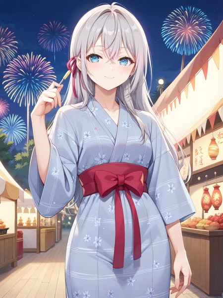 ((score_9)), ((score_8))
smile, looking at viewer, cowboy shot, closed mouth, standing, pose, outdoors, summer festival, erial fireworks, aerial fireworks, market stall , night sky,
<lora:add-detail-xl:1>
alyav4, 1girl, long hair, grey hair, blue eyes, ribbon, hair ribbon, hair between eyes,
<lora:Alya-sanV3-04:0.9>
<lora:yukata_pony_V1.0:1> ((long yukata:1.2)), floral print,