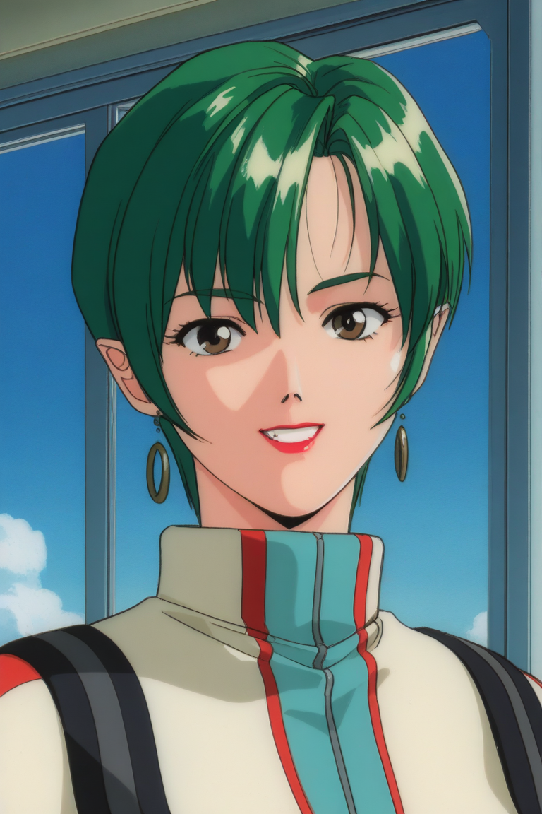 masterpiece, best quality, source_anime,official art,perfect_anatomy,1990s_\(style\),retro_artstyle,1girl, mm,a mature female,Milia_Fallyna,green_hair,bangs,short_hair,earrings,lipstick,makeup,pailot_suit,body_suit,(beautiful detailed face,looking_at_viewer,grin),upper body,day,blue_sky,cloud