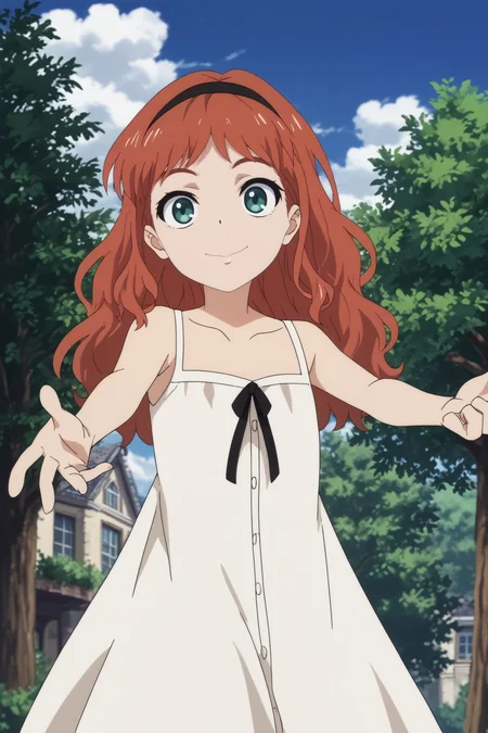 frill,1girl,solo,smile,hairband,dress,red hair,black hairband,freckles,white dress,collarbone,reaching BREAK outdoors,blue sky,city,tree,forest <lora:Frill_-_Wonder_Egg_Priority.safetensors:0.8> <lora:detailed_backgrounds_v2.safetensors:0.5>