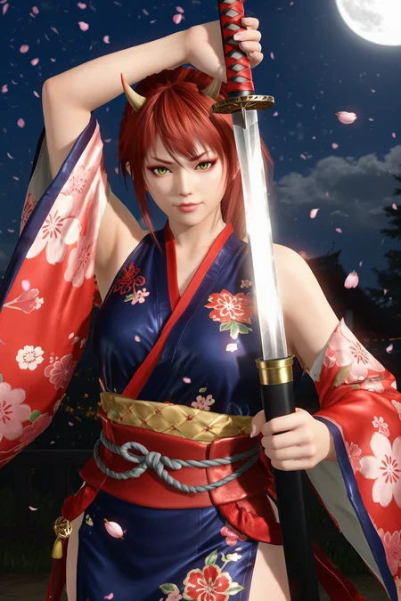 score_9,score_8,score_7_up,ultra detailed,realistic,high_contrast, arm up unsheathing sword, kanna \(doa\), 1girl, oni, solo, closed mouth, kanna \(doa\), 1girl, oni, red hair, oni horns, v-shaped eyebrows, red eyebrows, green eyes, slit pupils, black eyelashes, red eyeliner, pointy ears, luxurious uchikake formal over-kimono, rich silk fabric, vibrant red and gold embroidery, floral patterns, ornate obi sash, delicate kanzashi hairpins,wide_sleeves,subtle makeup, traditional geta sandals, cherry blossom petals drifting, foggy atmosphere, dim lantern glow, blood moon visible through window, calligraphy scrolls on walls, traditional weapon rack,outdoors, <lora:doa_kanna_pdxl_v11:0.5000000000000001> <lora:unsheathing_pose_vertical_3_final:0.9>