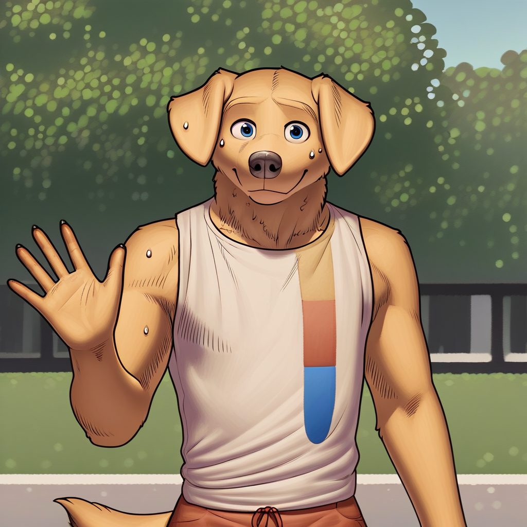 safe_pos, artwork, digital artwork, colourful source_e621, score_9, score_8_up, score_7_up, score_6_up, score_5_up, score_4_up, travis peake, male, dog, dog boy, golden retriever, labrador, blue eyes, dog tail, fullbody, front view, looking at viewer, waving hello at viewer, after excersice, sweat, sweating, sweaty, tanktop, shorts, detailed, detailed background, outdoors, outside, park, clothed, clothed, excellent detail, perfect detail, perfect eyes, perfect face, perfect mouth, animal, natural lighting,