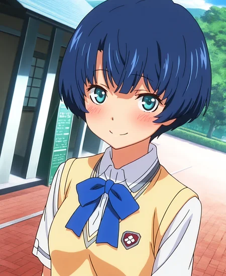 (masterpiece:1.4), (best quality:1.4),,absurdres,anime screenshot,official art,
1girl,female focus,solo,,detailed eyes,
tanigawa_kanna,  
blue hair, short hair, blue eyes,   aqua eyes, 
school uniform, sweater vest, ,,blue stripe,blue ribbon,
looking at viewer,blush,dutch angle,
,pinup,upper body,outdoor,smile
 <lora:kanna:1>