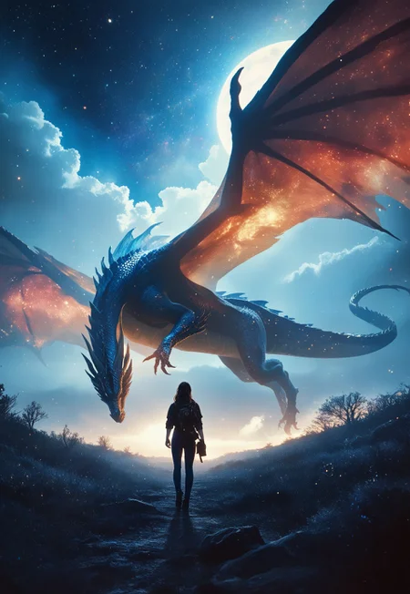 score_9, score_8_up, score_7_up,realistic style photo, masterpiece, best quality, colossal luminous dragon. Dominating the scene is a translucent dark-blue dragon adorned with luminescent scales, blending seamlessly with its surroundings. Its wings, composed of intricately woven energy threads, shimmer in a spectrum of colors. Starry sky. Amidst the night, its presence exudes a sense of mythical power. Behind it, the swirling hues of a distant galaxy provide a mesmerizing backdrop, celestial legends. Atmospheric haze, Film grain, cinematic film still, shallow depth of field, highly detailed, high budget, cinemascope, moody, epic, OverallDetail, RAW photo, photorealistic, candid camera, color graded cinematic, eye catchlights, atmospheric lighting, imperfections, natural, shallow dof ,ral-ertmsphr,
 