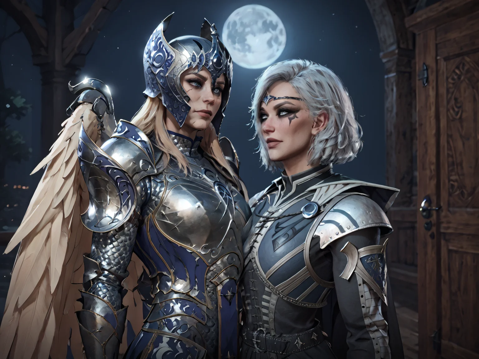 , score_9, score_8_up, score_7_up, score_6_up,, 2girls (looking lovingly at each other from across the room with the full moon between them), 1 tall woman 1 short woman, moonlight, symmetrical,
BREAK
1girl, dameaylin, armor <lora:aylinPony:0.75>, , helmet, scars, open wings, large breasts, very tall,
BREAK
1girl, isobelArmor, ,bg3isobel, <lora:isoblePony:0.75>