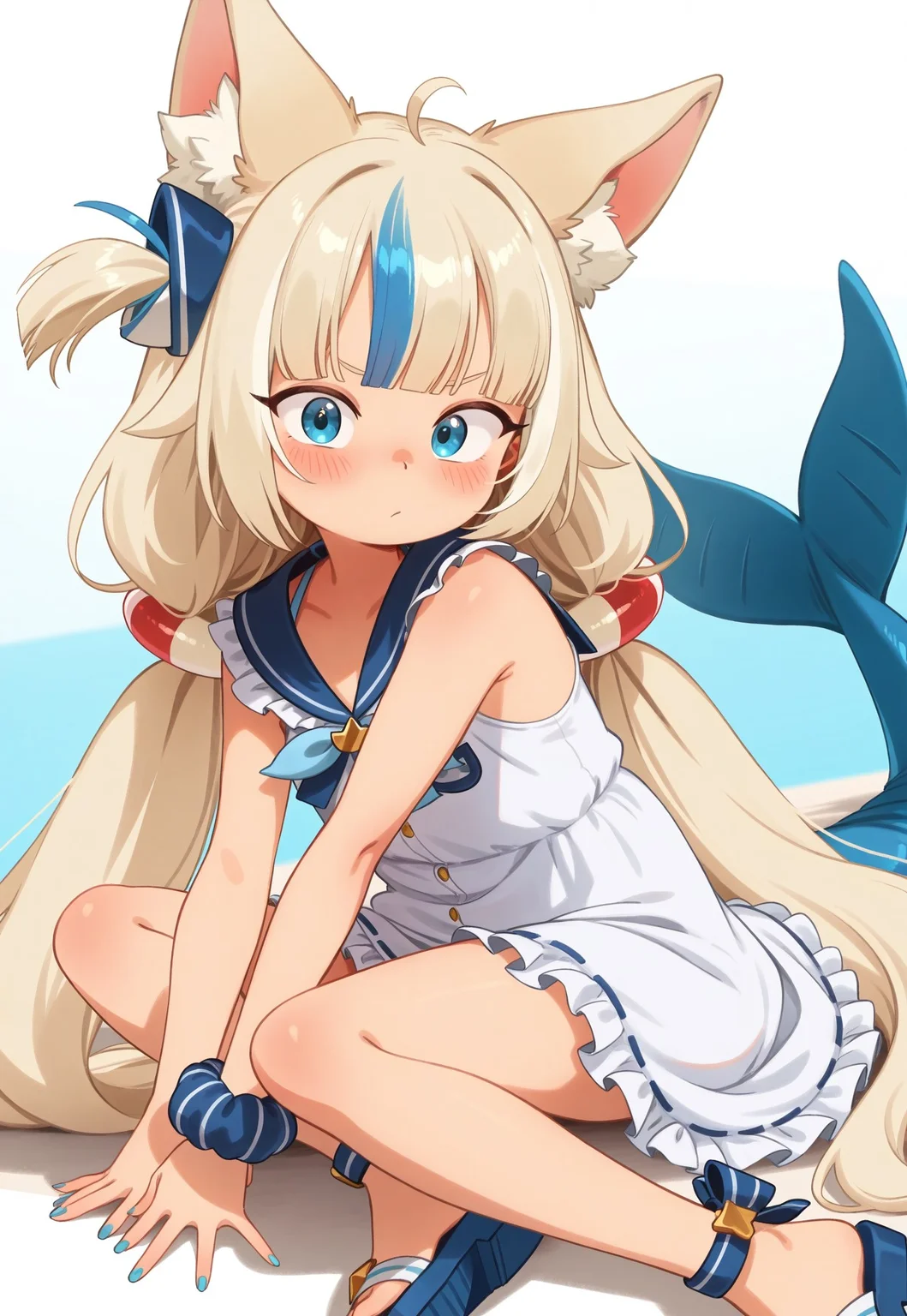 masterpiece, best quality, (magowasabi, khyle.:0.6),
1girl, blue eyes, blonde hair, blue hair, very long hair, streaked hair, ahoge, blunt bangs, low twintails, one side up, hair ornament, blush, cat ears, animal ear fluff, sailor dress, white dress, blue sailor collar, badge, single wrist scrunchie, blue nails, fish tail, anklet, ankle bow, sandals, looking at viewer,