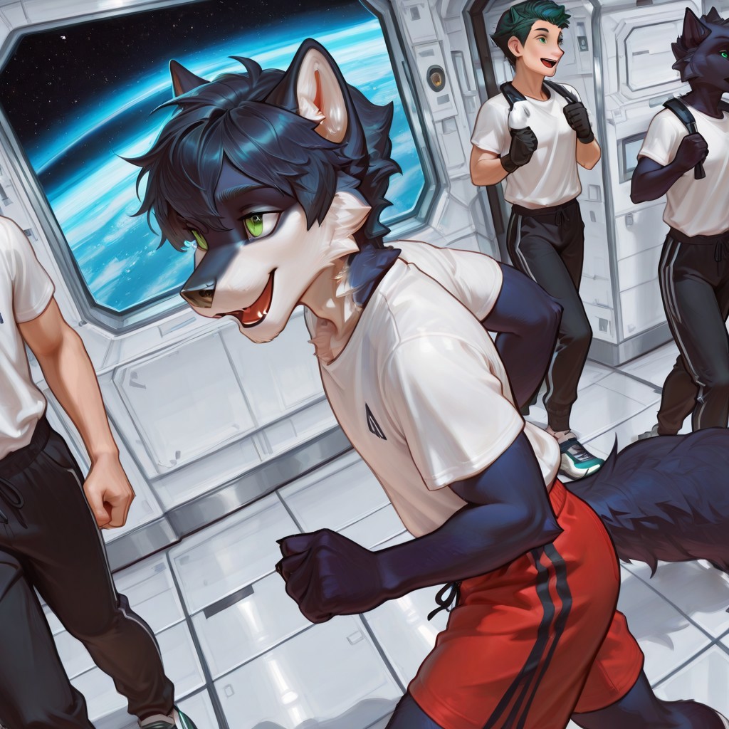 highly detailed, best quality, masterpiece, detailed background, detailed fur, detailed eyes,
1boy, Wilfred Howlett, green eyes, smiling, 
White t-shirt, red shorts, black pants, high angle, side view, jogging, open mouth, panting, surrounded by other people,
Indoors, space station, futuristic background