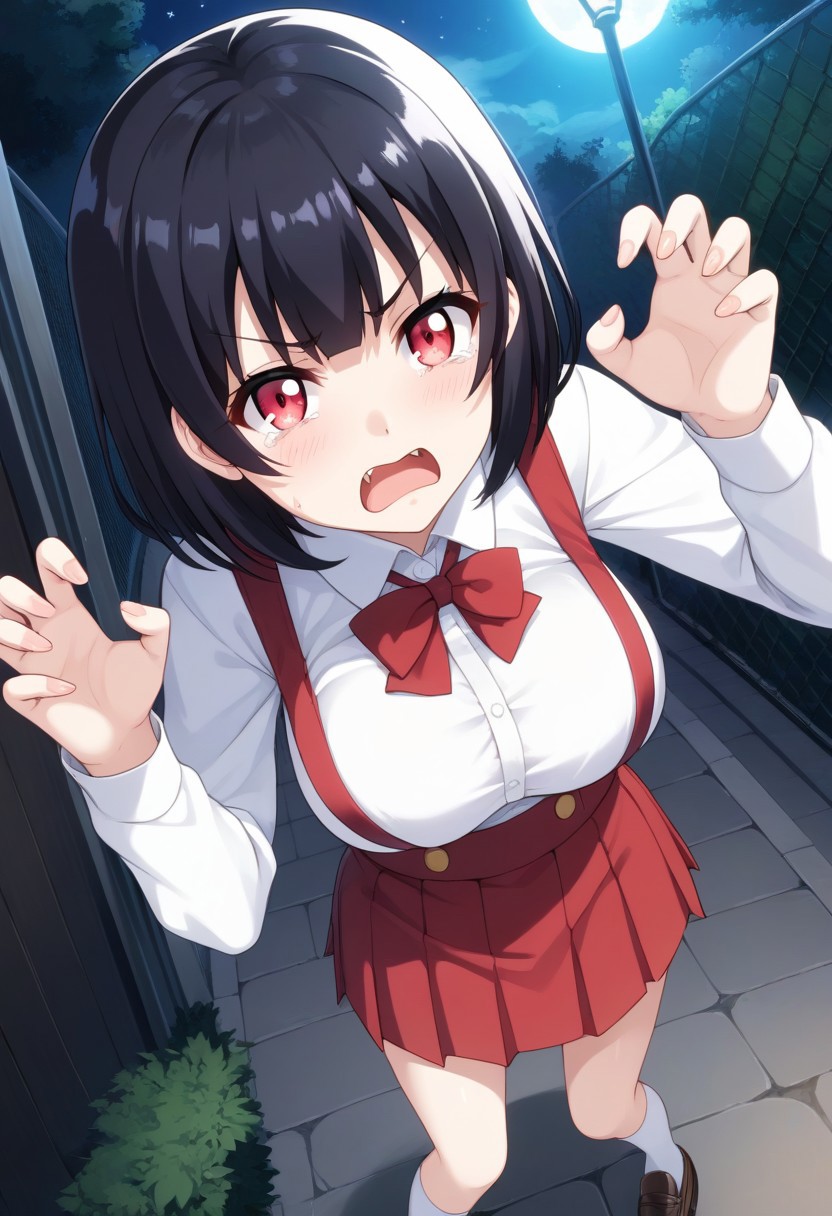 score_9,score_8_up,score_7_up,score_6_up, source_anime, BREAK, 
Hiraki Hanako, solo, (large breasts), pale skin, short hair, black hair, bangs, glowing eyes, red eyes, fangs, school uniform, collared shirt, white shirt, long sleeves, claw pose, large breasts, high-waist skirt, suspenders, red skirt, white socks, loafers, 
open mouth, angry, frown, tears, (tear drops), 
looking at viewer, (face shot), (dynamic angle), 
outdoors, (at night:1.3),