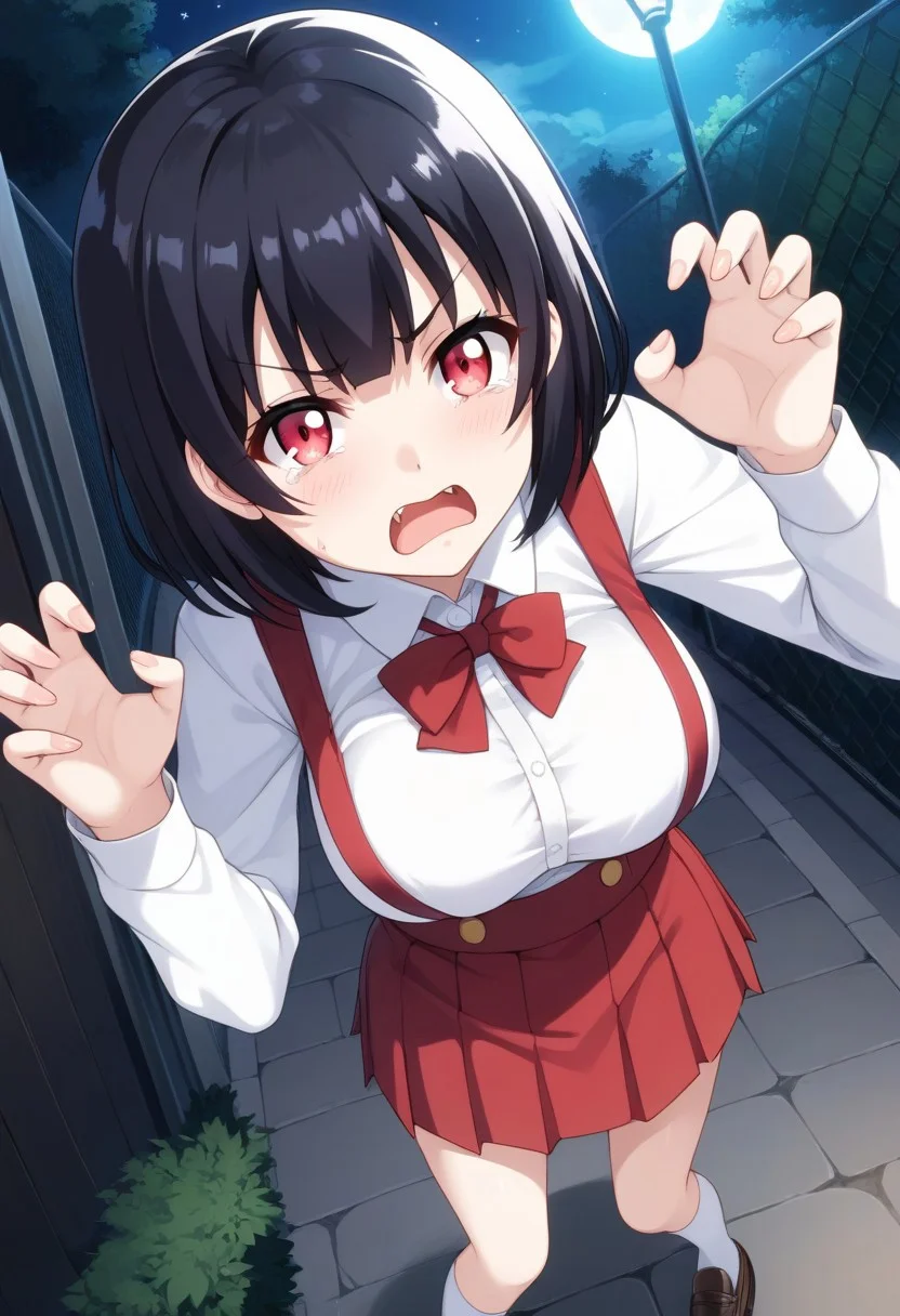 score_9,score_8_up,score_7_up,score_6_up, source_anime, BREAK,
Hiraki Hanako, solo, (large breasts), pale skin, short hair, black hair, bangs, glowing eyes, red eyes, fangs, school uniform, collared shirt, white shirt, long sleeves, claw pose, large breasts, high-waist skirt, suspenders, red skirt, white socks, loafers,
open mouth, angry, frown, tears, (tear drops),
looking at viewer, (face shot), (dynamic angle),
outdoors, (at night:1.3),