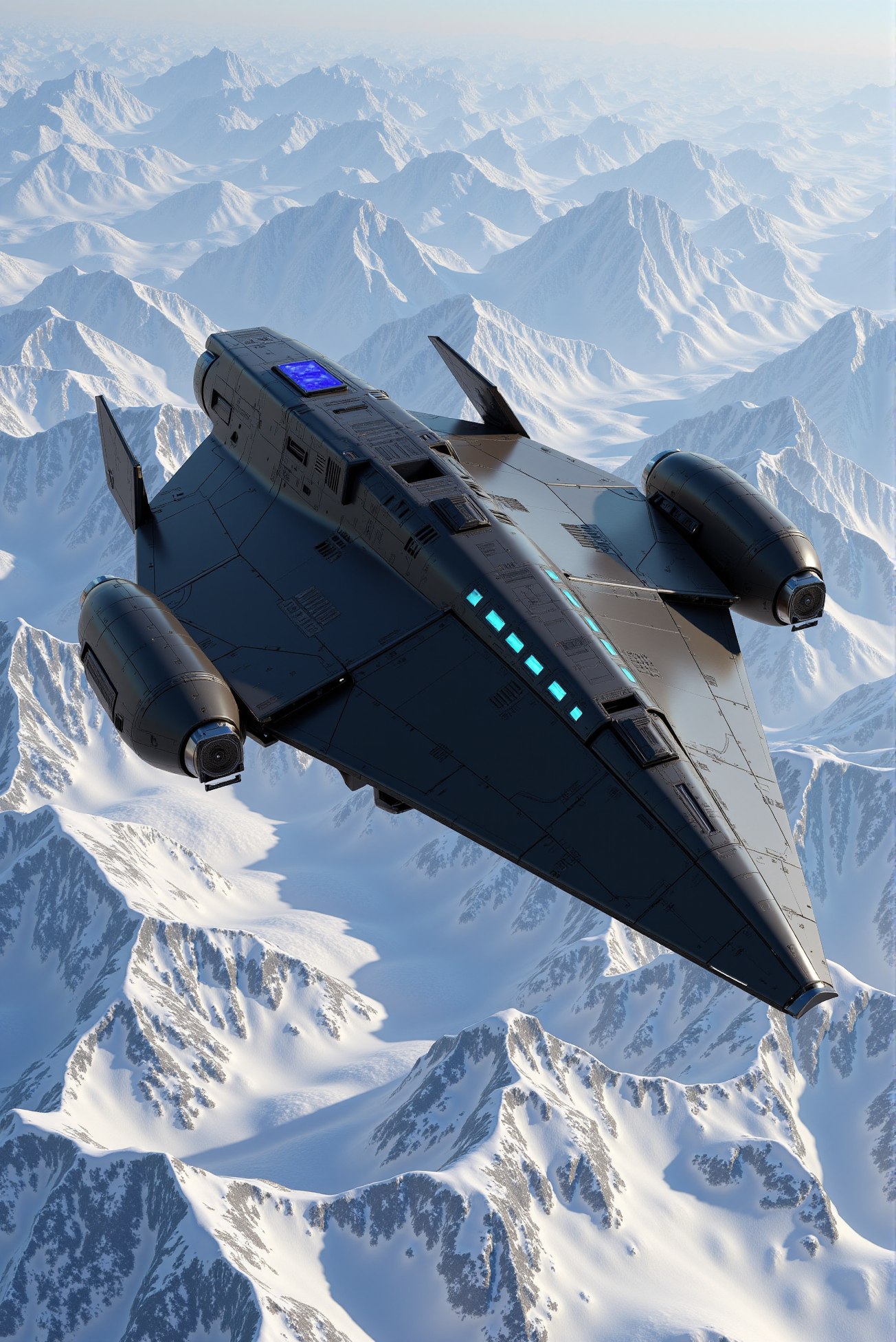 <lora:SpaceCraft_v.5:0.8> SPCCRFT style.
A stealth-optimized planetary assault ship with sleek matte graphite plating and cyan energy tracers embedded along its aerodynamic flanks, its sharply angular winglets and dual-engine nacelles hinting at vector-controlled thrust; the fuselage is inset with low-profile weapon bays and hatch interfaces, while a deep blue propulsion core glows at the aft, casting reflected shimmer onto the icy mountainous terrain far below; captured in a descending three-quarter view, the craftâs faceted geometry and tactical lines emphasize a balance of covert elegance and precision-engineered brutality.