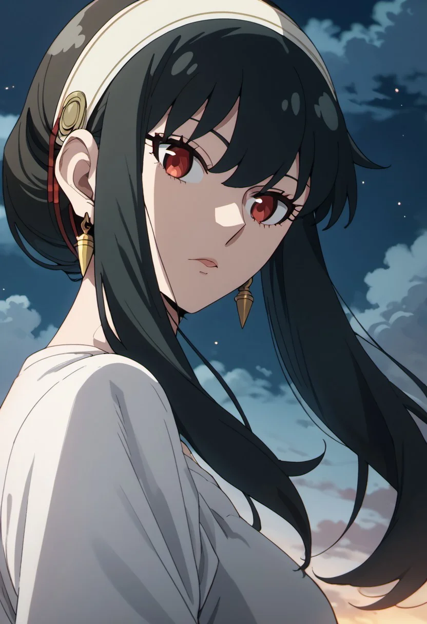 score_9, score_8_up, score_7_up, source_anime,  yor briar, black hair, long hair, red eyes, 1girl, solo, sky, cloud, jewelry, earrings, hairband, night, cloudy sky, looking at viewer