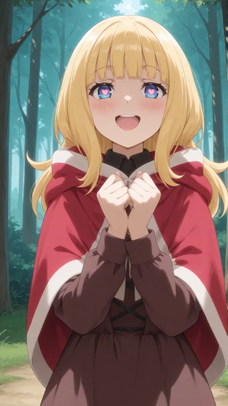 score_9, score_8_up, score_7_up, derpibooru_p_95, uncensored, masterpiece, absurdres, source_anime, <lora:hand 4:1>, perfection, 1girl, solo, standing, facing viewer, looking at viewer, yandere, blush, smile, open mouth, forest, upper body, close-up, BREAK, <lora:IL_Anvil_Goblin_no_Suana:0.8>, blue eyes, heart-shaped pupils, blonde hair, medium hair, brown dress, red cloak,