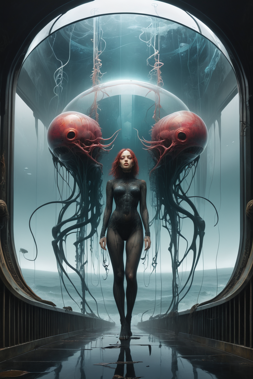 underwater glass domed walkway,foggy,ocean,beautiful,creepy,melting,webbing,8 k,by tristan eaton,stanley artgerm,tom bagshaw,greg rutkowski,carne griffiths,ayami kojima,beksinski,giger,trending on deviantart,face enhance,hyper detailed,minimalist,horror,alien,full of colour,<lora:helios666:0.8>,