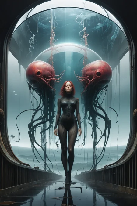 underwater glass domed walkway,foggy,ocean,beautiful,creepy,melting,webbing,8 k,by tristan eaton,stanley artgerm,tom bagshaw,greg rutkowski,carne griffiths,ayami kojima,beksinski,giger,trending on deviantart,face enhance,hyper detailed,minimalist,horror,alien,full of colour,<lora:helios666:0.8>,