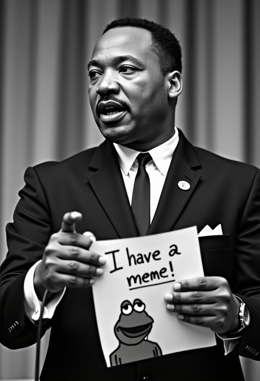 black and white photo of martin luther king holding a speech. You can see his notes. On the paper is the text "I have a meme!" and an image of pepe the frog. monochrome.