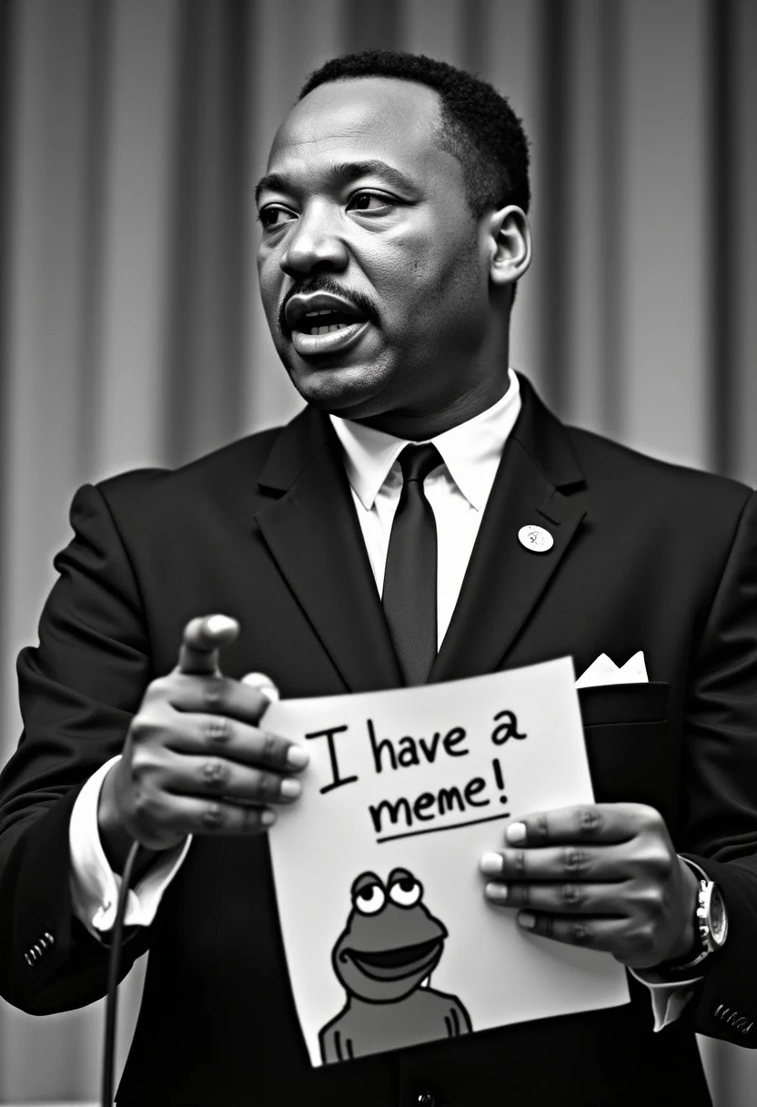 black and white photo of martin luther king holding a speech. You can see his notes. On the paper is the text "I have a meme!" and an image of pepe the frog. monochrome.